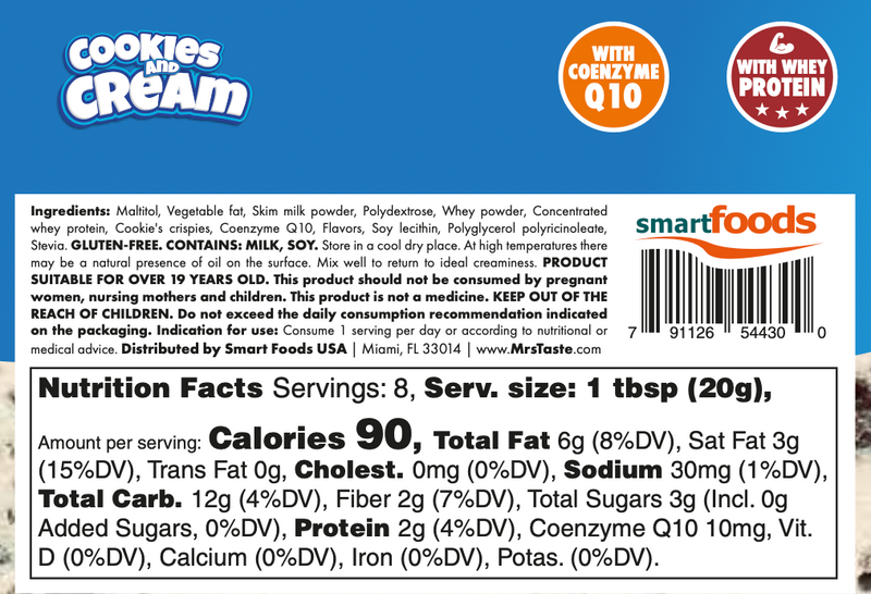 Mrs. Taste Cookies' n Cream Spread - 5.6oz | Sugar-Free, Gluten-Free, High-Protein & CoQ10 Boost